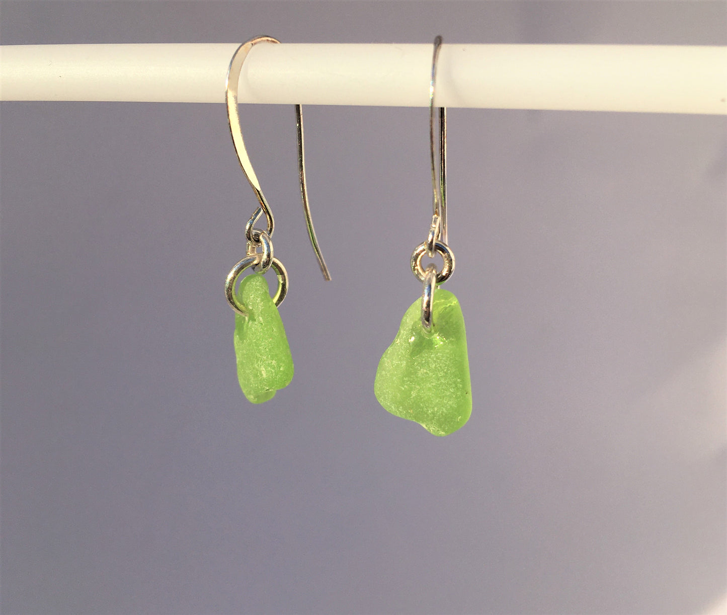 Shoreline Earrings - Lime Green sea glass from Northern California on a hypoallergenic nickle-free hook