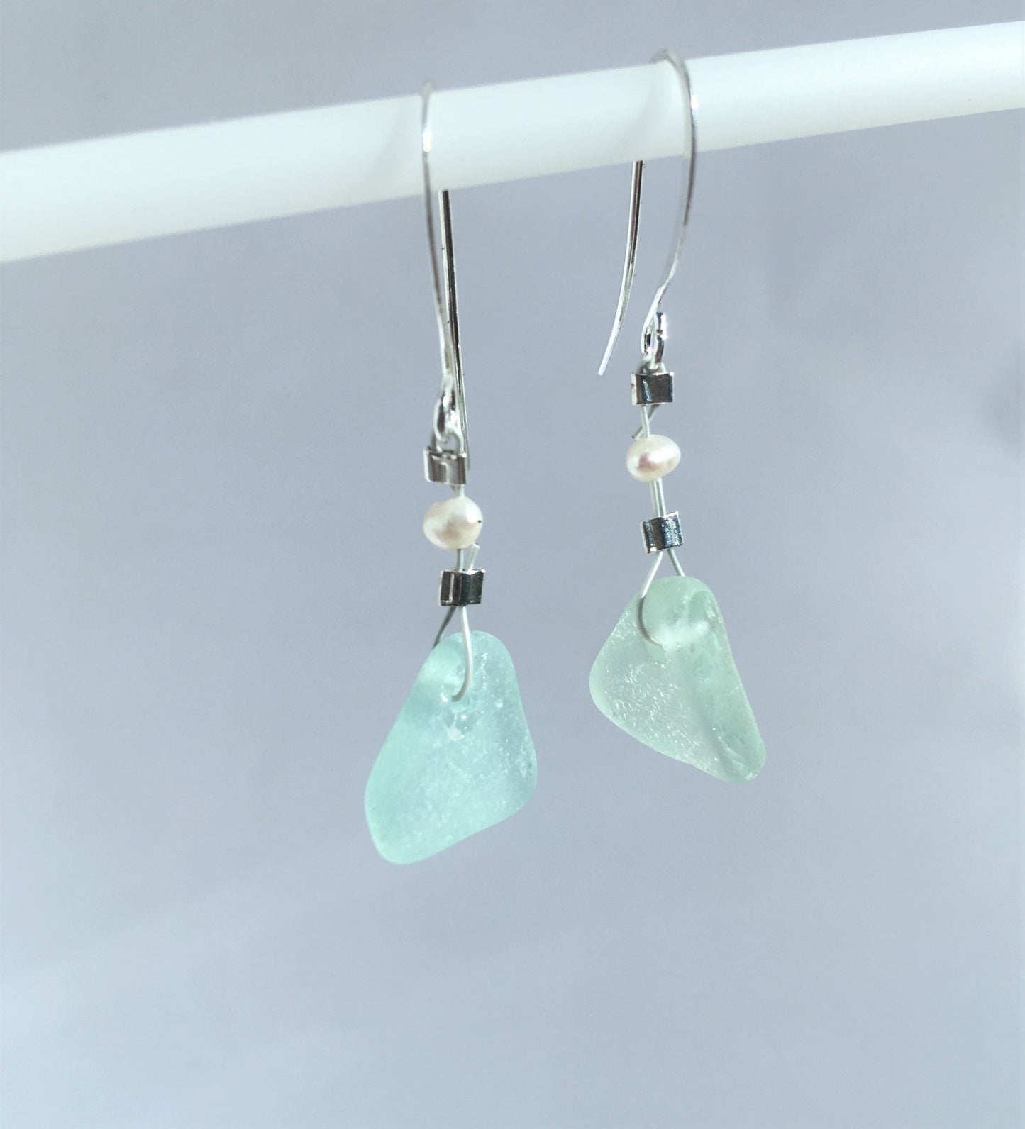 Pearl Earrings - Aqua sea glass from Sidney, British Columbia, Canada with freshwater seed pearl on hypo-allergenic earring wire