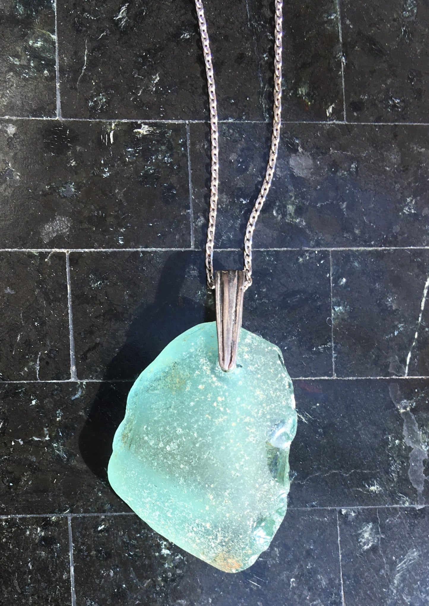 Shoreline Pendant - Aqua sea glass from Northern California with narrow Sterling silver bail with an antique finish, on a boxchain