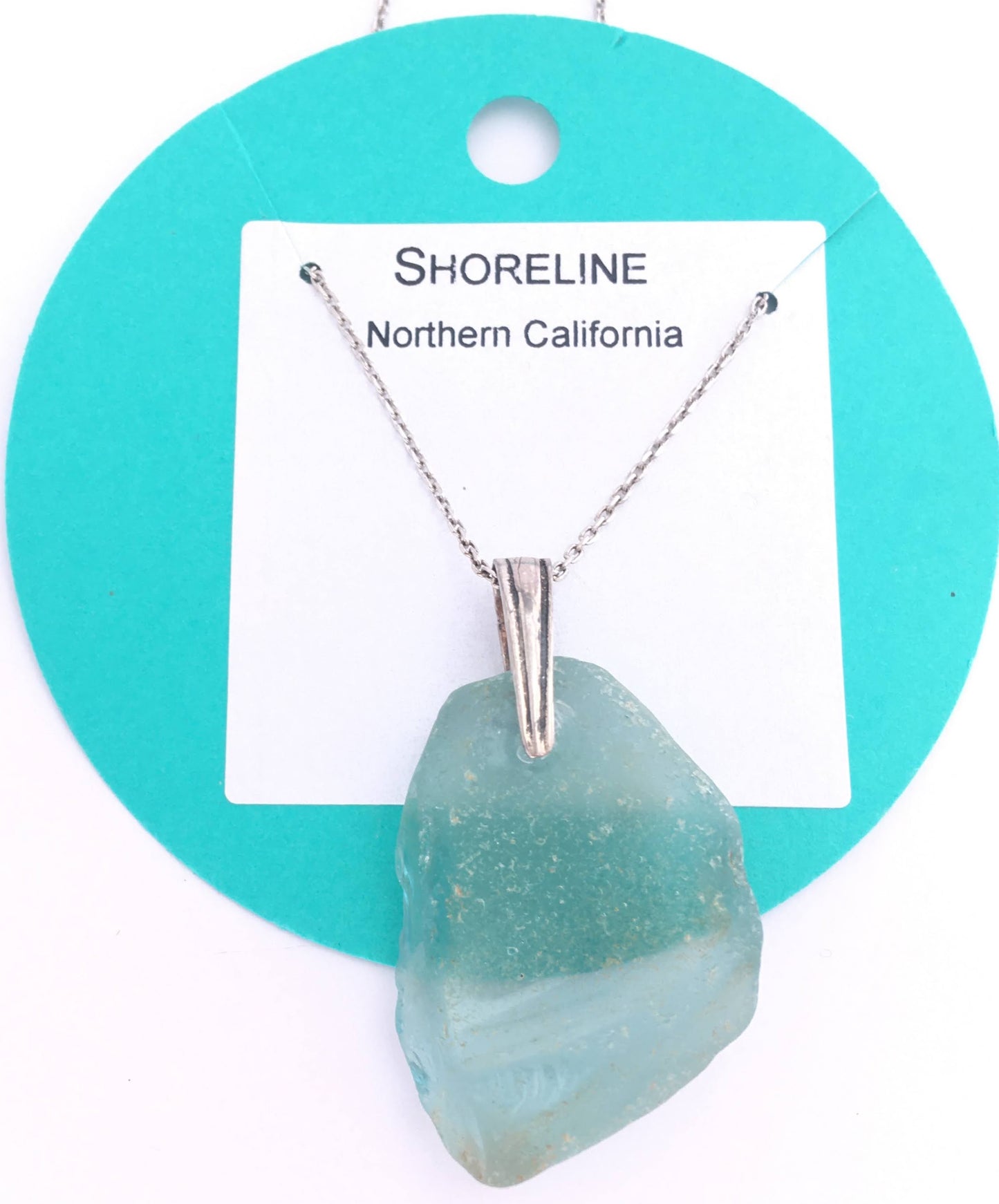 Shoreline Pendant - Aqua sea glass from Northern California with narrow Sterling silver bail with an antique finish, on a boxchain