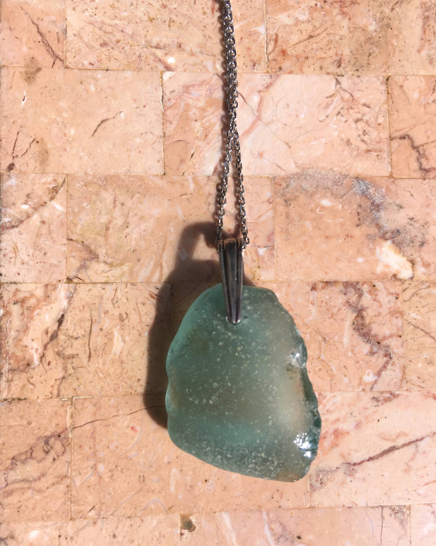 Shoreline Pendant - Aqua sea glass from Northern California with narrow Sterling silver bail with an antique finish, on a boxchain