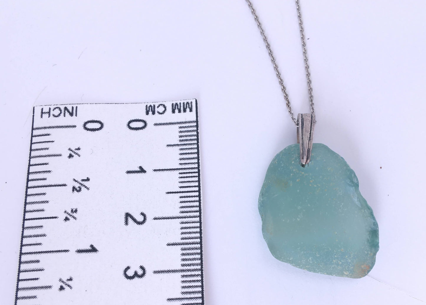 Shoreline Pendant - Aqua sea glass from Northern California with narrow Sterling silver bail with an antique finish, on a boxchain