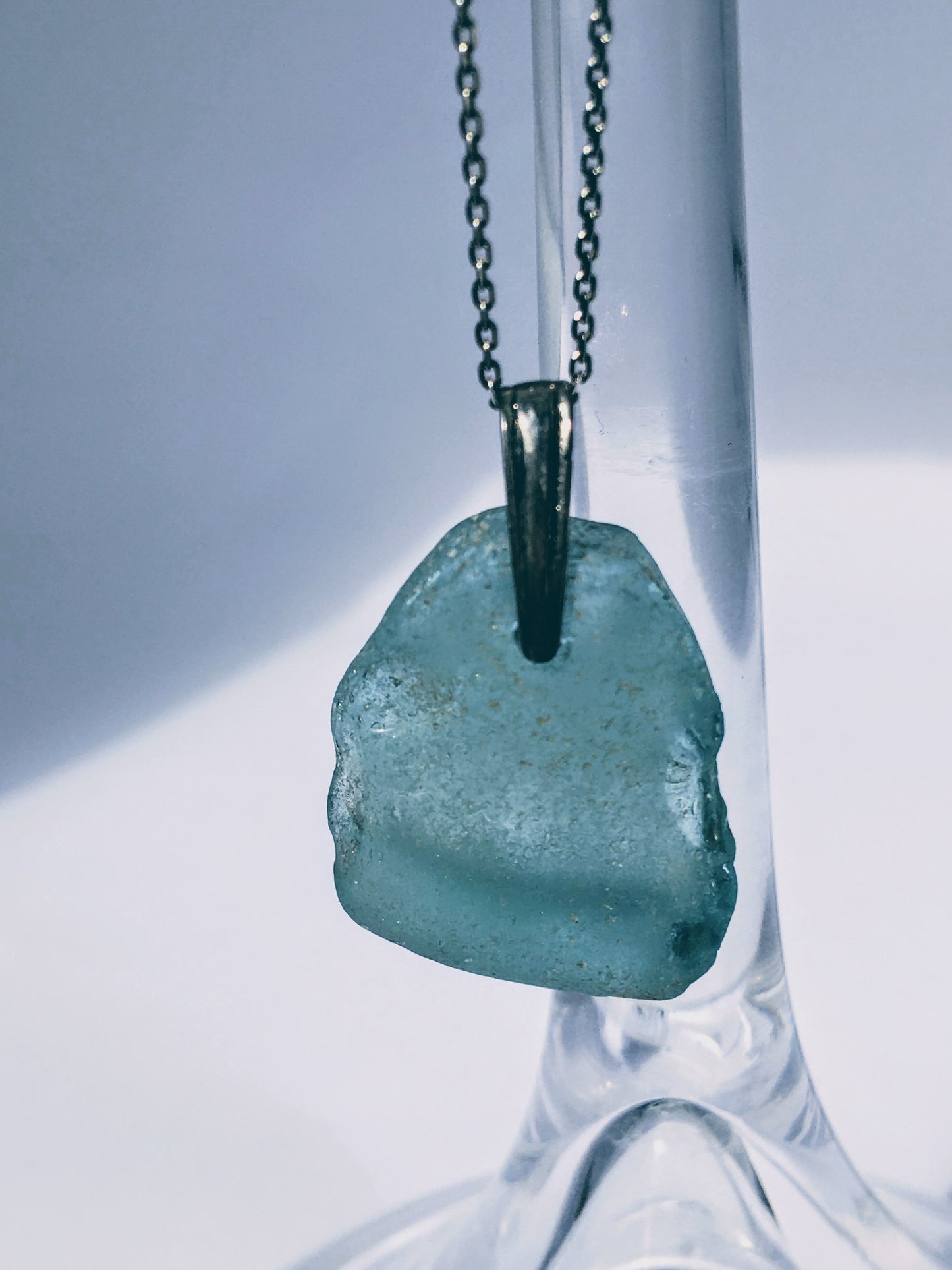 Shoreline Pendant - Aqua sea glass from Northern California with narrow Sterling silver bail with an antique finish, on a boxchain