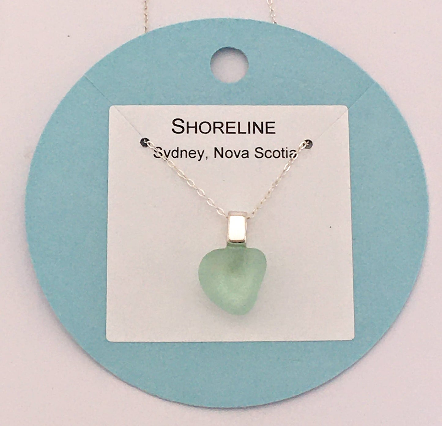 Shoreline Pendant - Aqua ice blue sea glass from Sydney, Cape Breton, Nova Scotia, Canada mounted on 925 Sterling silver bail with chain