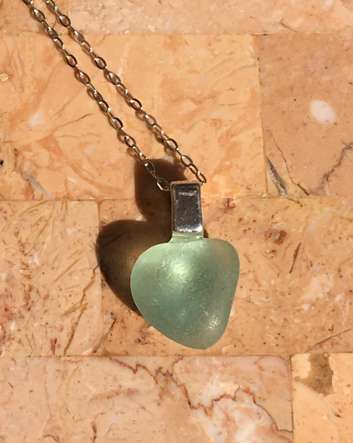 Shoreline Pendant - Aqua ice blue sea glass from Sydney, Cape Breton, Nova Scotia, Canada mounted on 925 Sterling silver bail with chain