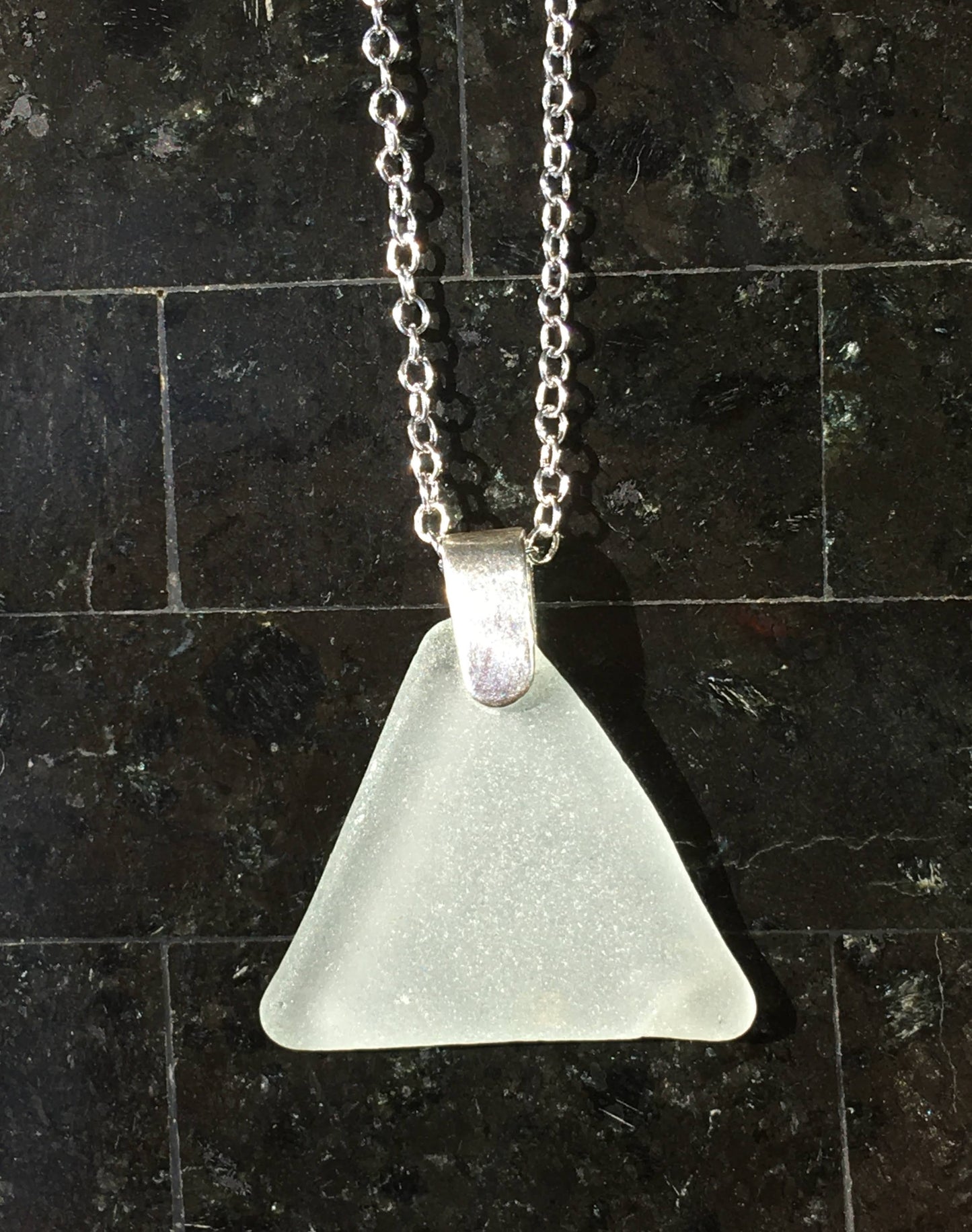 Shoreline Pendant - Pale aqua triangular sea glass from New Brunswick, Canada with narrow smooth Sterling silver bail , on a chain