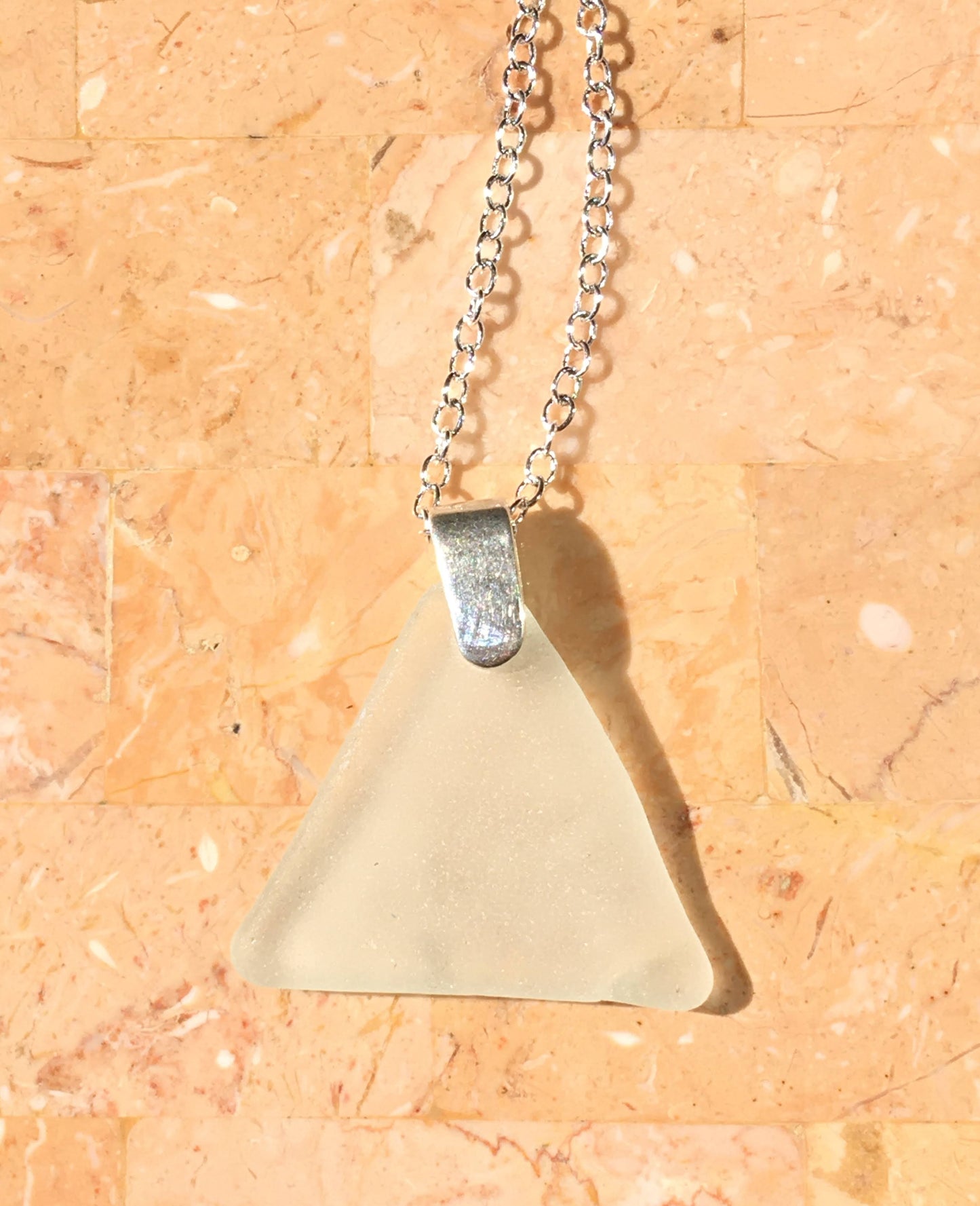 Shoreline Pendant - Pale aqua triangular sea glass from New Brunswick, Canada with narrow smooth Sterling silver bail , on a chain
