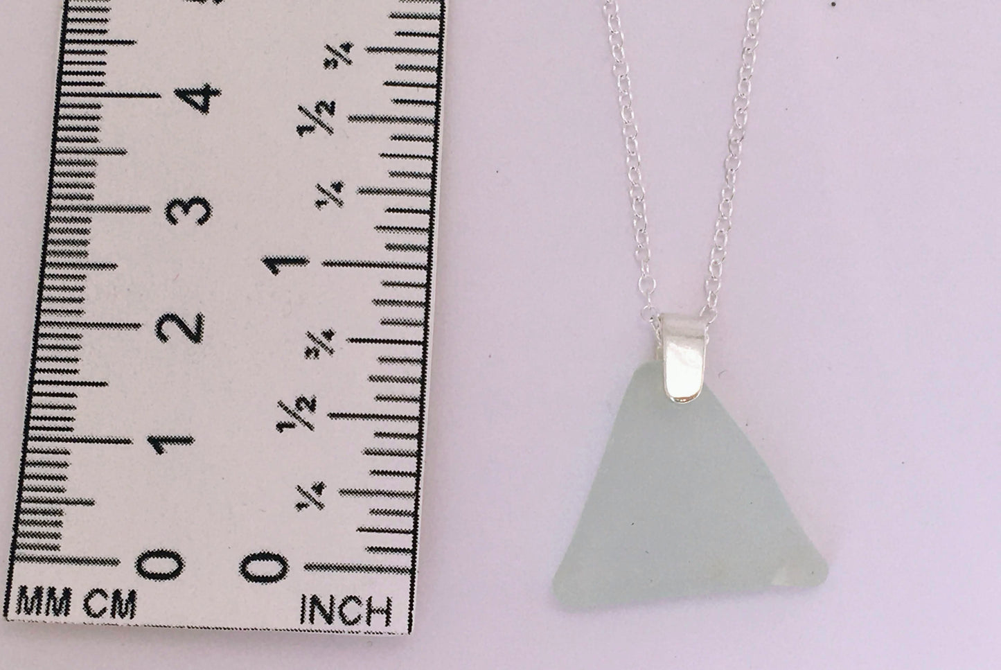 Shoreline Pendant - Pale aqua triangular sea glass from New Brunswick, Canada with narrow smooth Sterling silver bail , on a chain