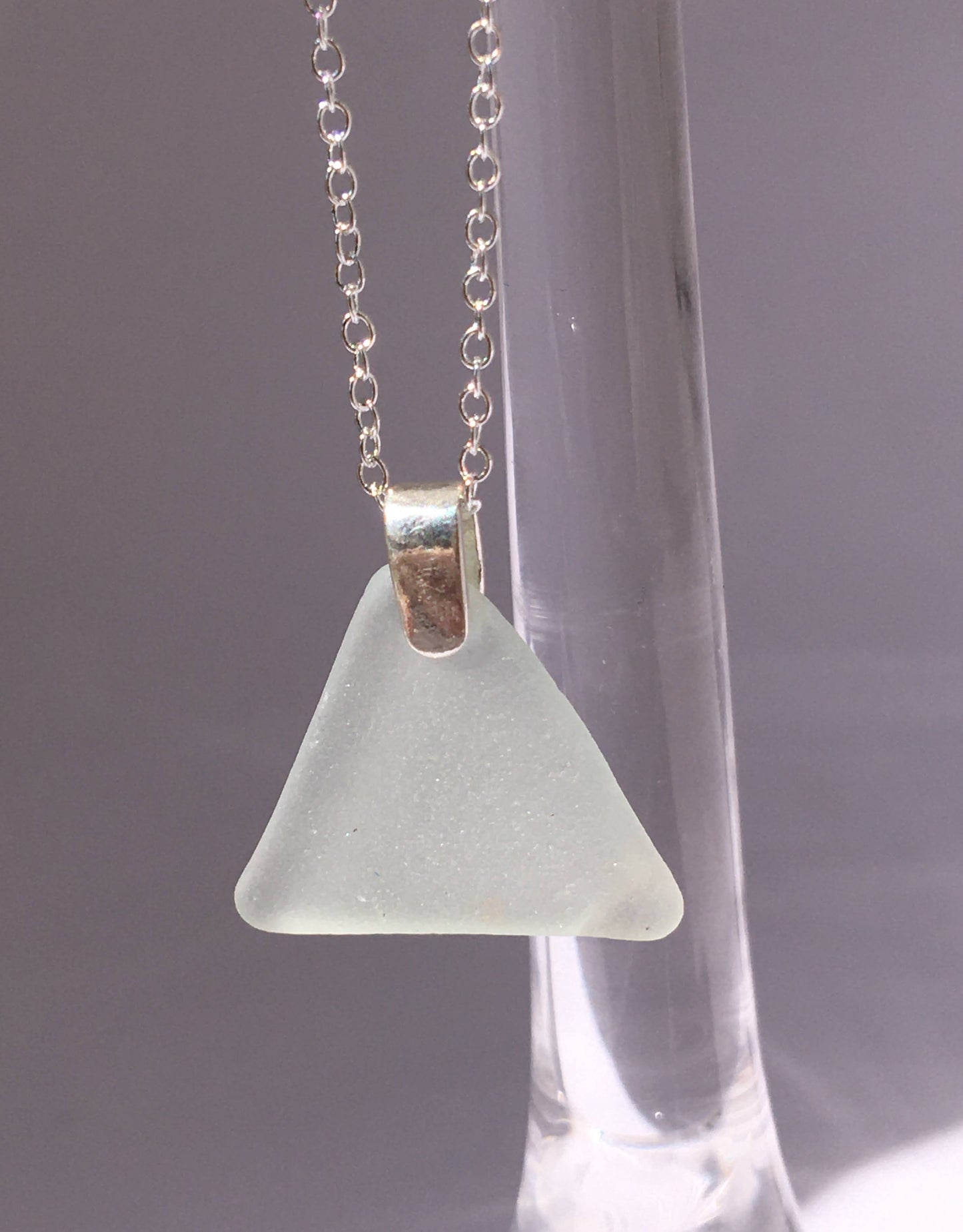 Shoreline Pendant - Pale aqua triangular sea glass from New Brunswick, Canada with narrow smooth Sterling silver bail , on a chain