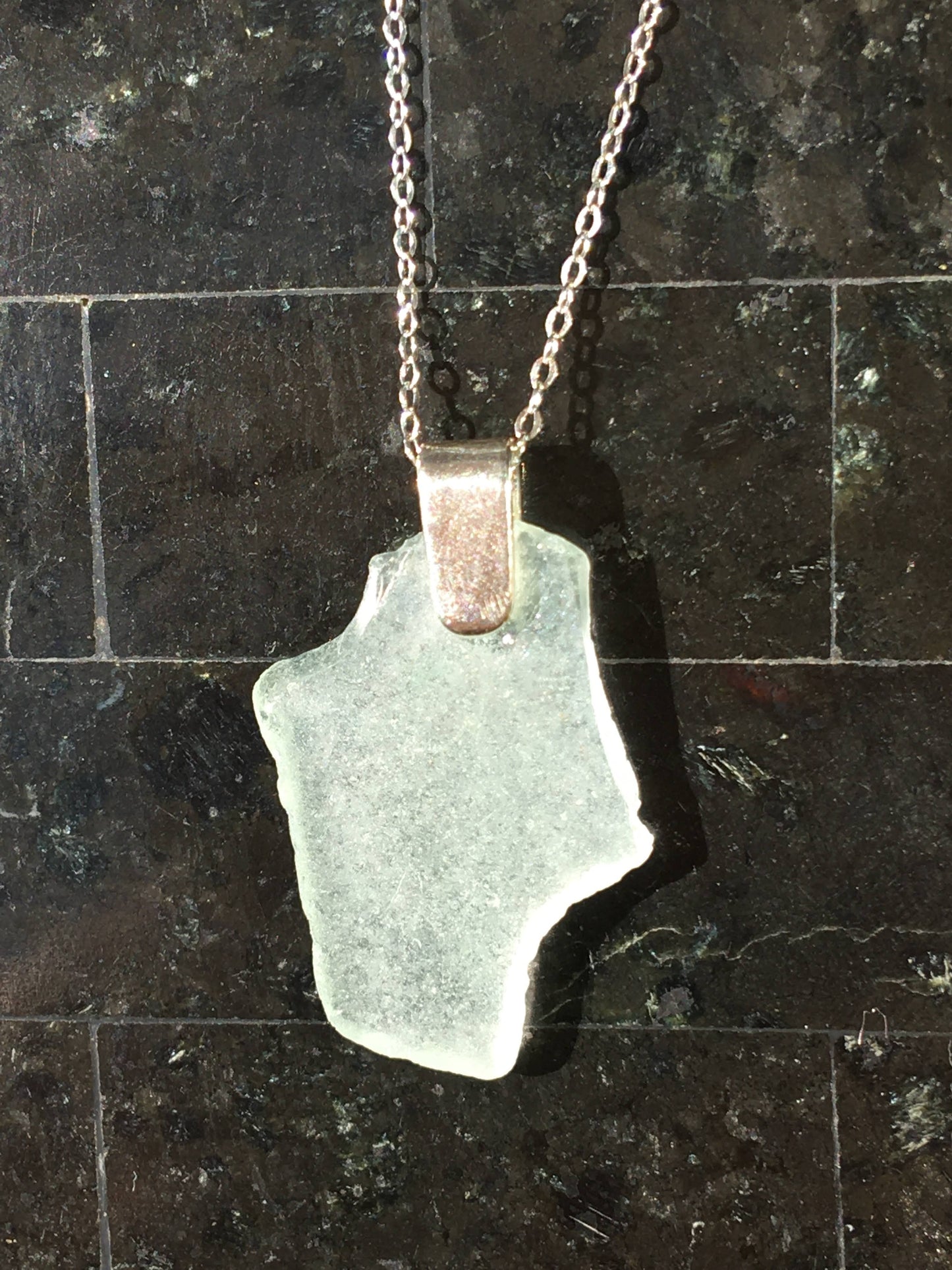 Shoreline Pendant - Pale aqua sea glass from the South shore of Nova Scotia, Canada with narrow smooth Sterling silver bail , on a chain