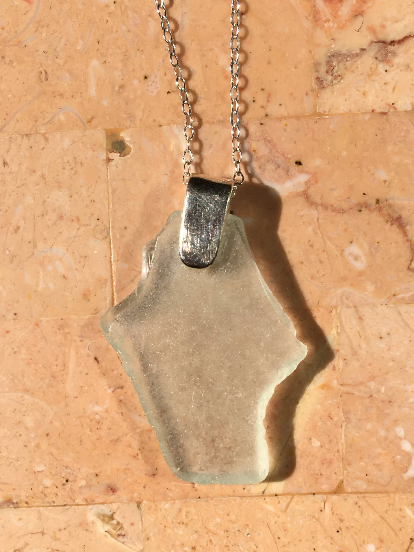 Shoreline Pendant - Pale aqua sea glass from the South shore of Nova Scotia, Canada with narrow smooth Sterling silver bail , on a chain