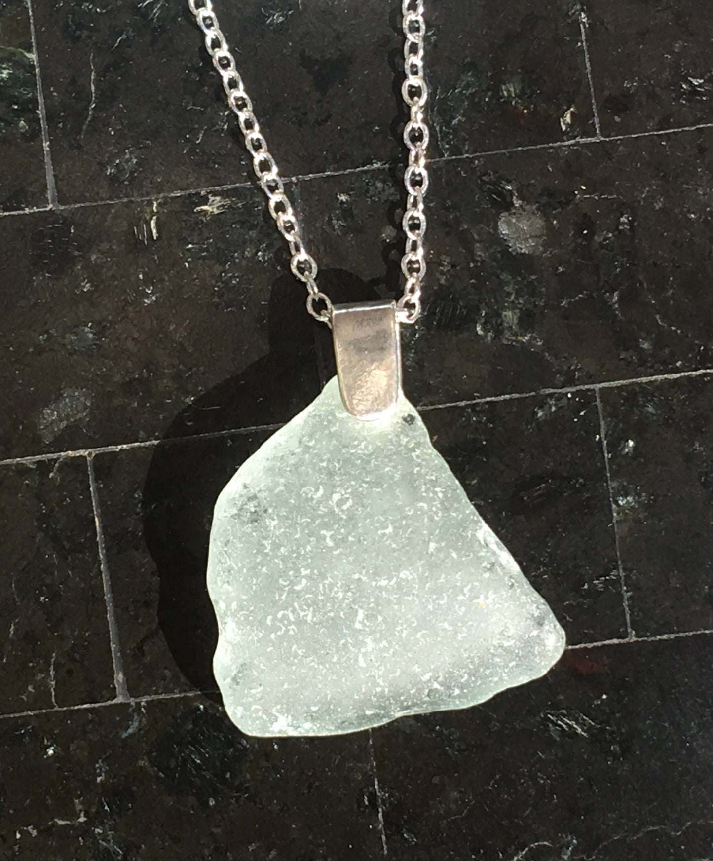 Shoreline Pendant - Pale aqua sea glass from New Brunswick, Canada with narrow smooth Sterling silver bail , on a chain
