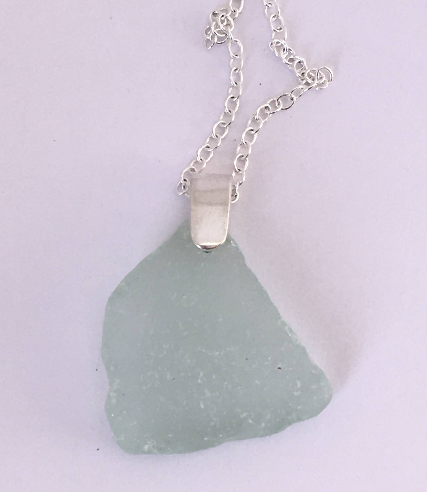 Shoreline Pendant - Pale aqua sea glass from New Brunswick, Canada with narrow smooth Sterling silver bail , on a chain