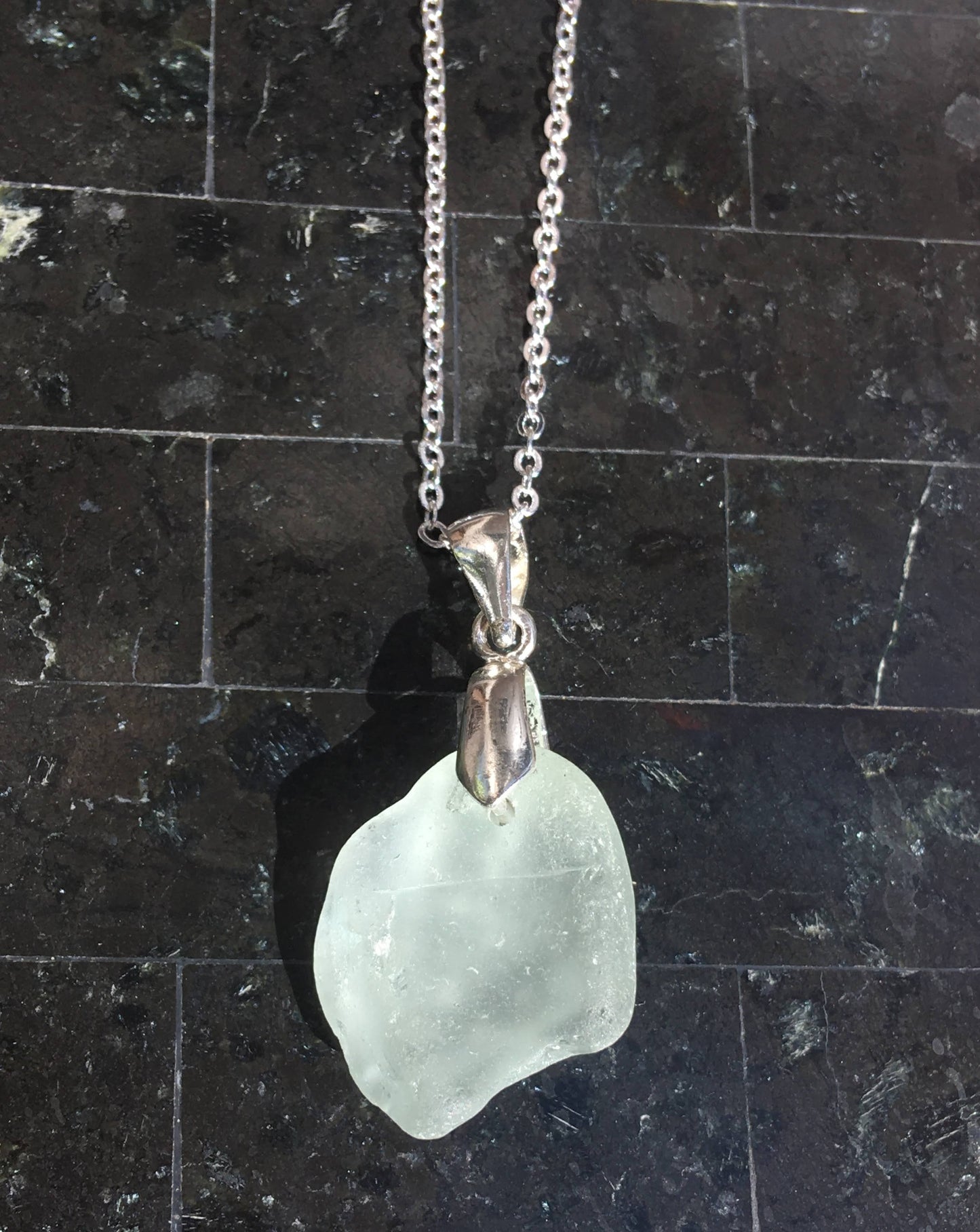 Shoreline Pendant - Pale aqua sea glass from the South shore of Nova Scotia, Canada with silver plated bail, on a chain
