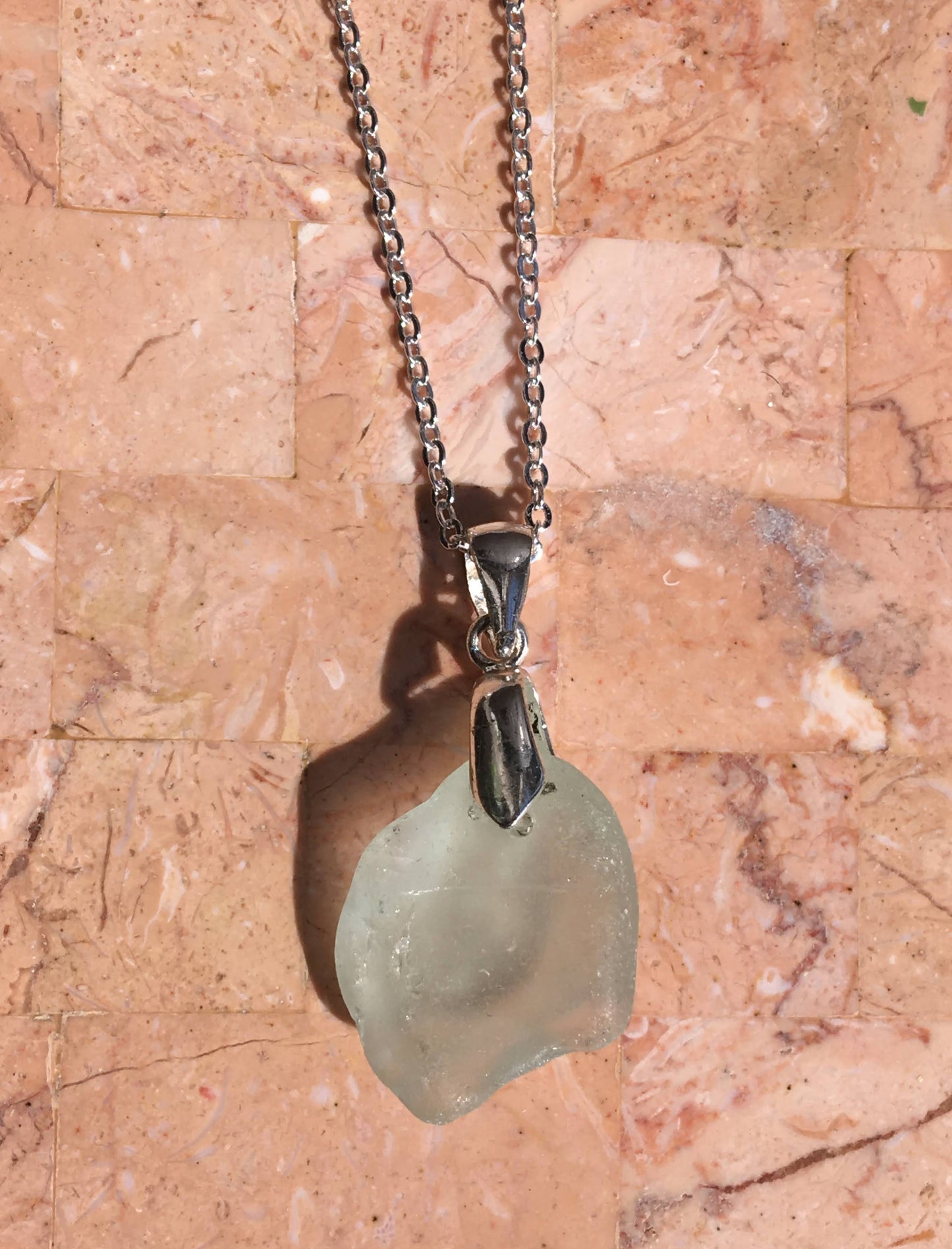 Shoreline Pendant - Pale aqua sea glass from the South shore of Nova Scotia, Canada with silver plated bail, on a chain