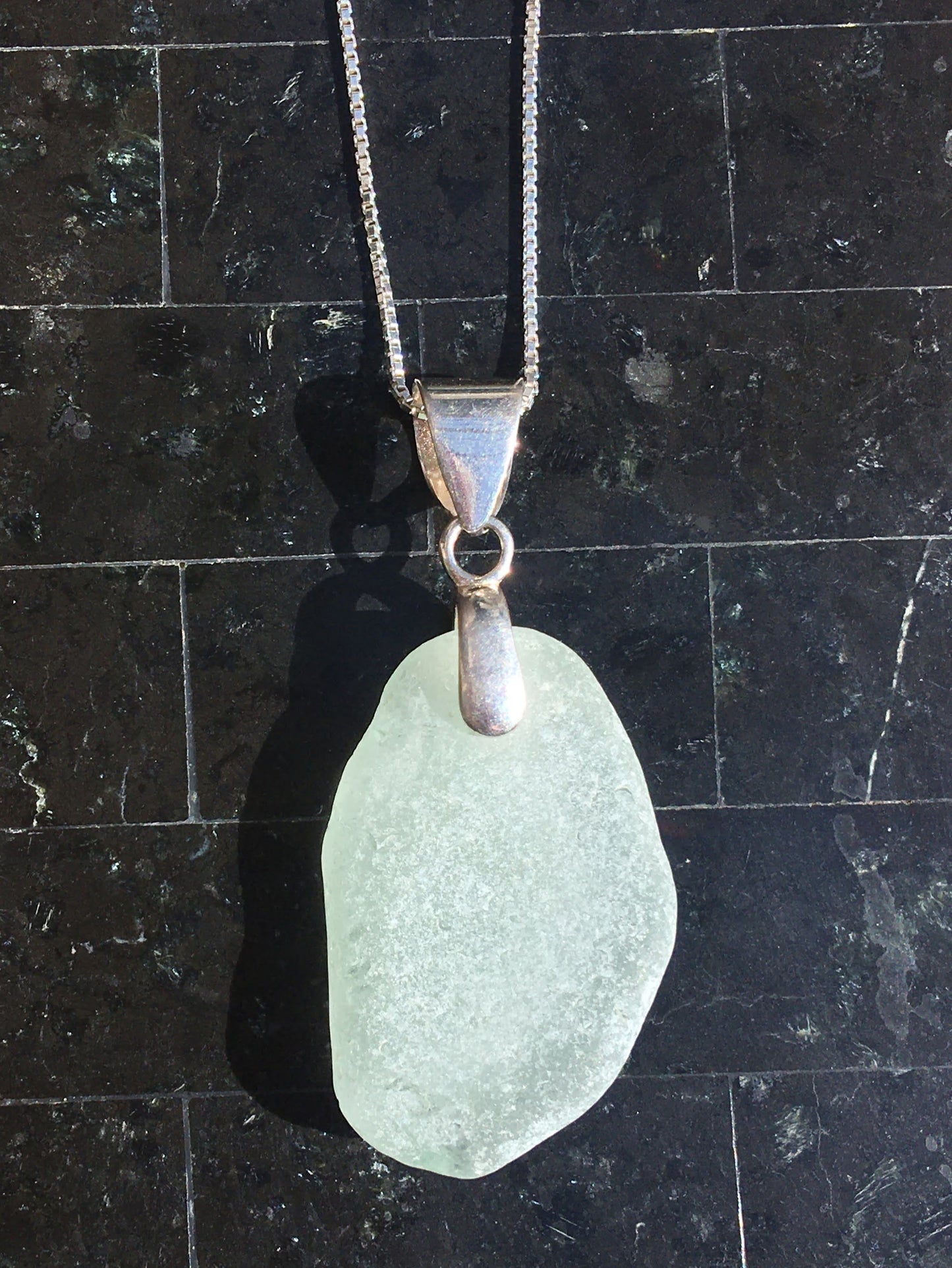 Shoreline Pendant - Pale aqua sea glass from Northern California with smooth triangular Sterling silver bail, on a boxchain