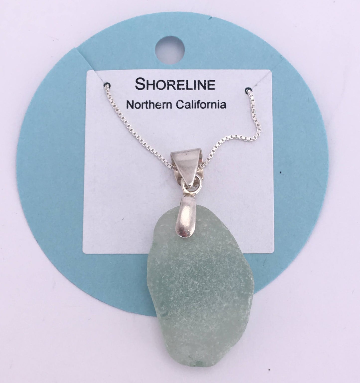 Shoreline Pendant - Pale aqua sea glass from Northern California with smooth triangular Sterling silver bail, on a boxchain