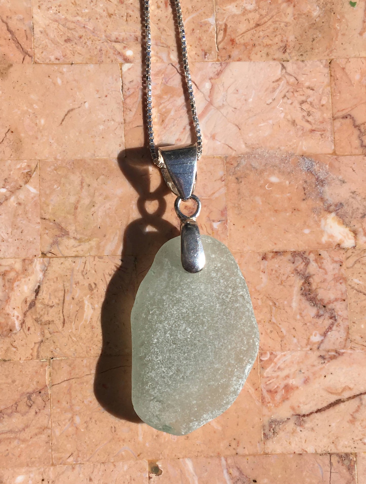 Shoreline Pendant - Pale aqua sea glass from Northern California with smooth triangular Sterling silver bail, on a boxchain