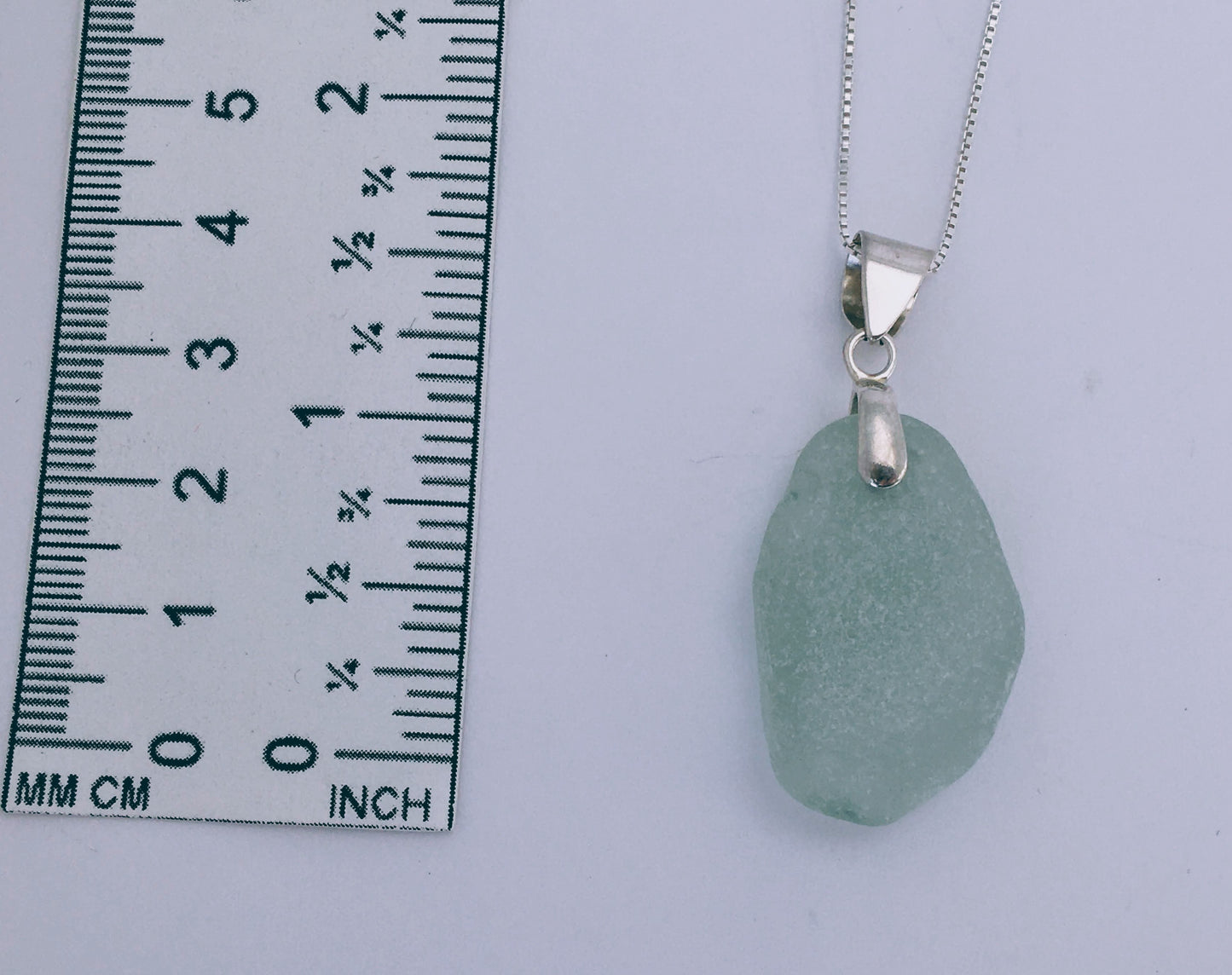 Shoreline Pendant - Pale aqua sea glass from Northern California with smooth triangular Sterling silver bail, on a boxchain