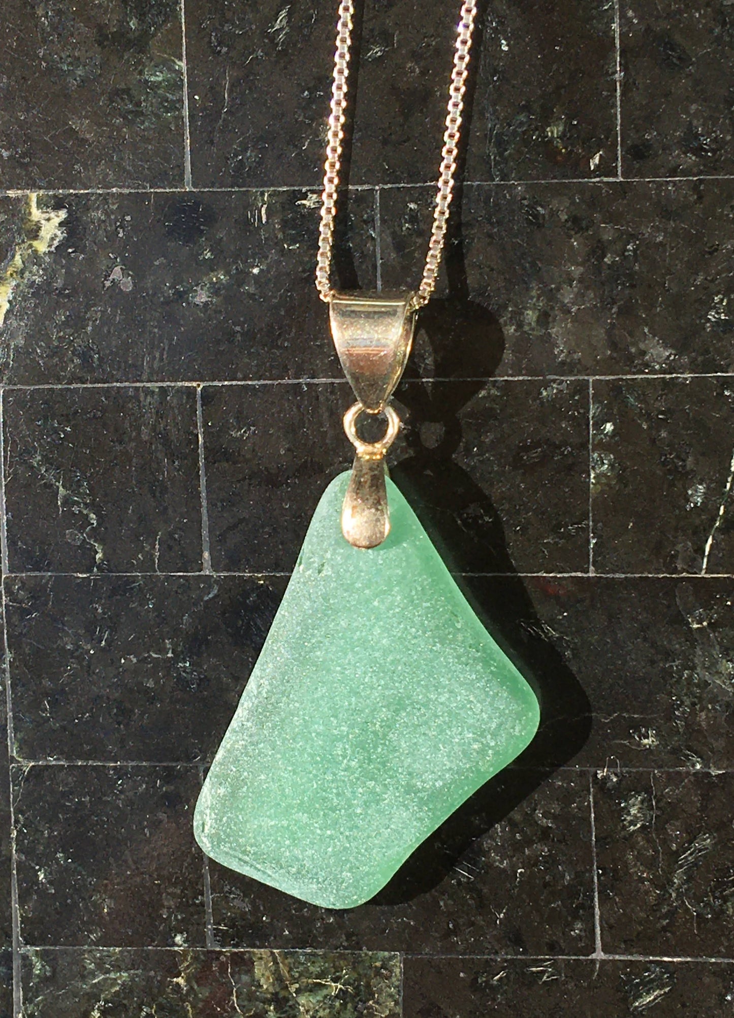 Shoreline Pendant - Aqua sea glass from Croatia with smooth triangular Sterling silver bail, on a boxchain