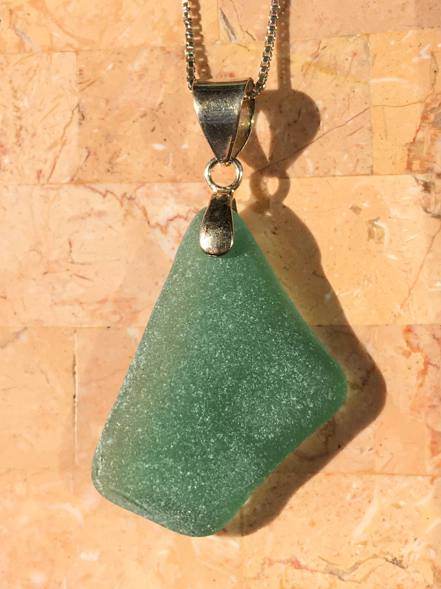 Shoreline Pendant - Aqua sea glass from Croatia with smooth triangular Sterling silver bail, on a boxchain