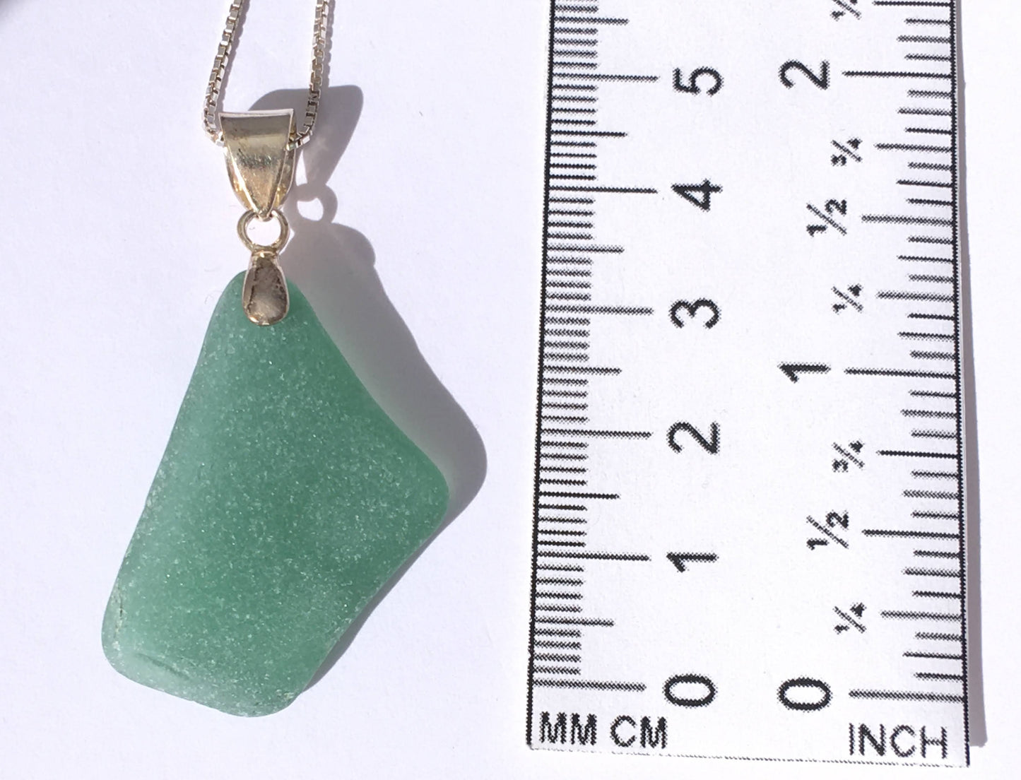 Shoreline Pendant - Aqua sea glass from Croatia with smooth triangular Sterling silver bail, on a boxchain