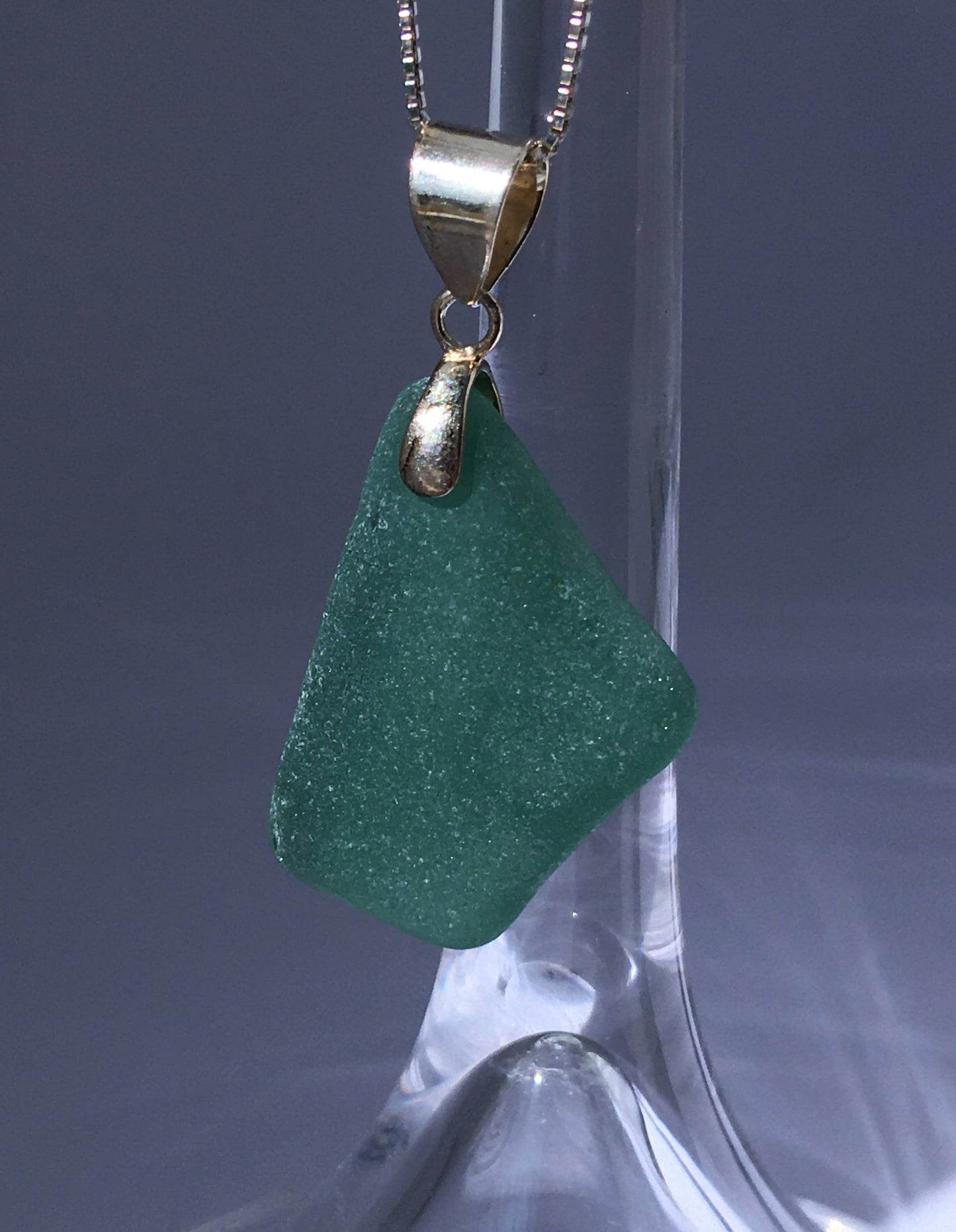Shoreline Pendant - Aqua sea glass from Croatia with smooth triangular Sterling silver bail, on a boxchain