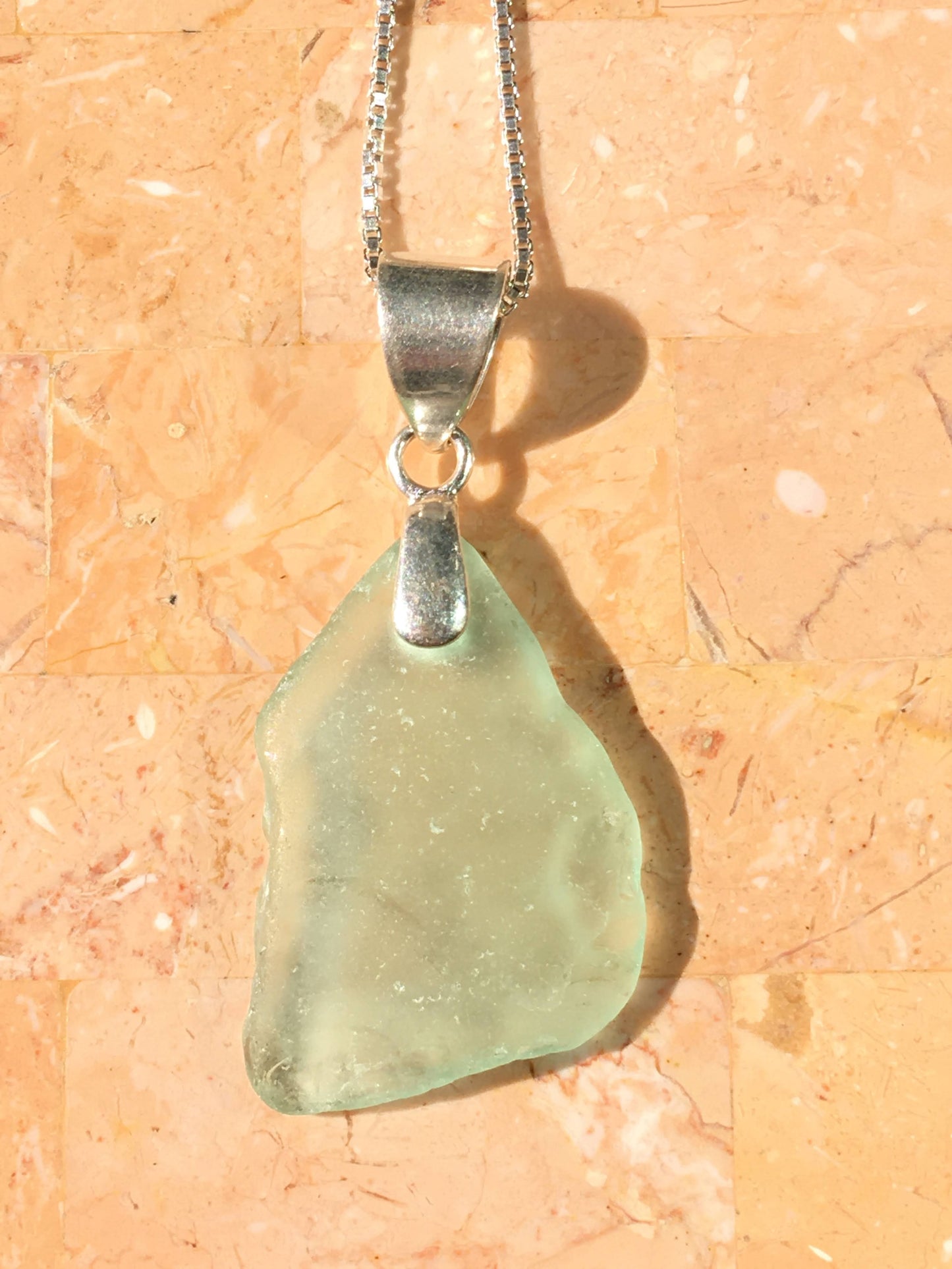 Shoreline Pendant - Aqua sea glass from Sicily with smooth triangular Sterling silver bail, on a boxchain