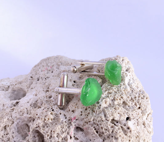 Cufflinks with green sea glass from Nova Scotia's South Shore on silver plate mounts