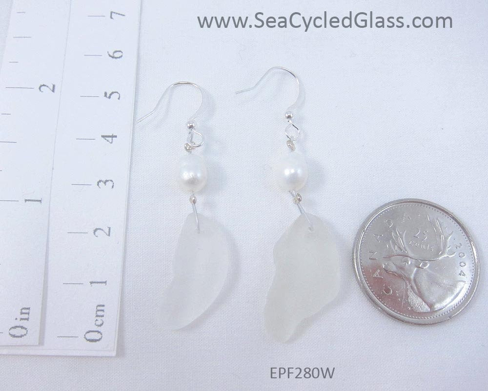 Pearl Earrings - White sea glass from Cape Breton, Nova Scotia, Canada with oval white freshwater pearl on hypo-allergenic earring wire