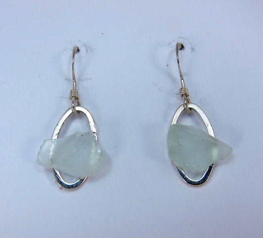 Littest's Mermaid's Tears Earrings -  White sea glass from South Shore of Nova Scotia, Canada on small silverplate oval