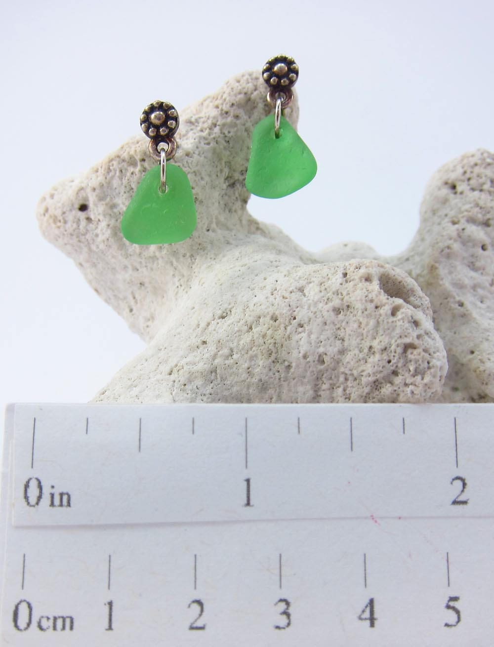 Flower post earrings with green sea glass from Cape Breton, Nova Scotia