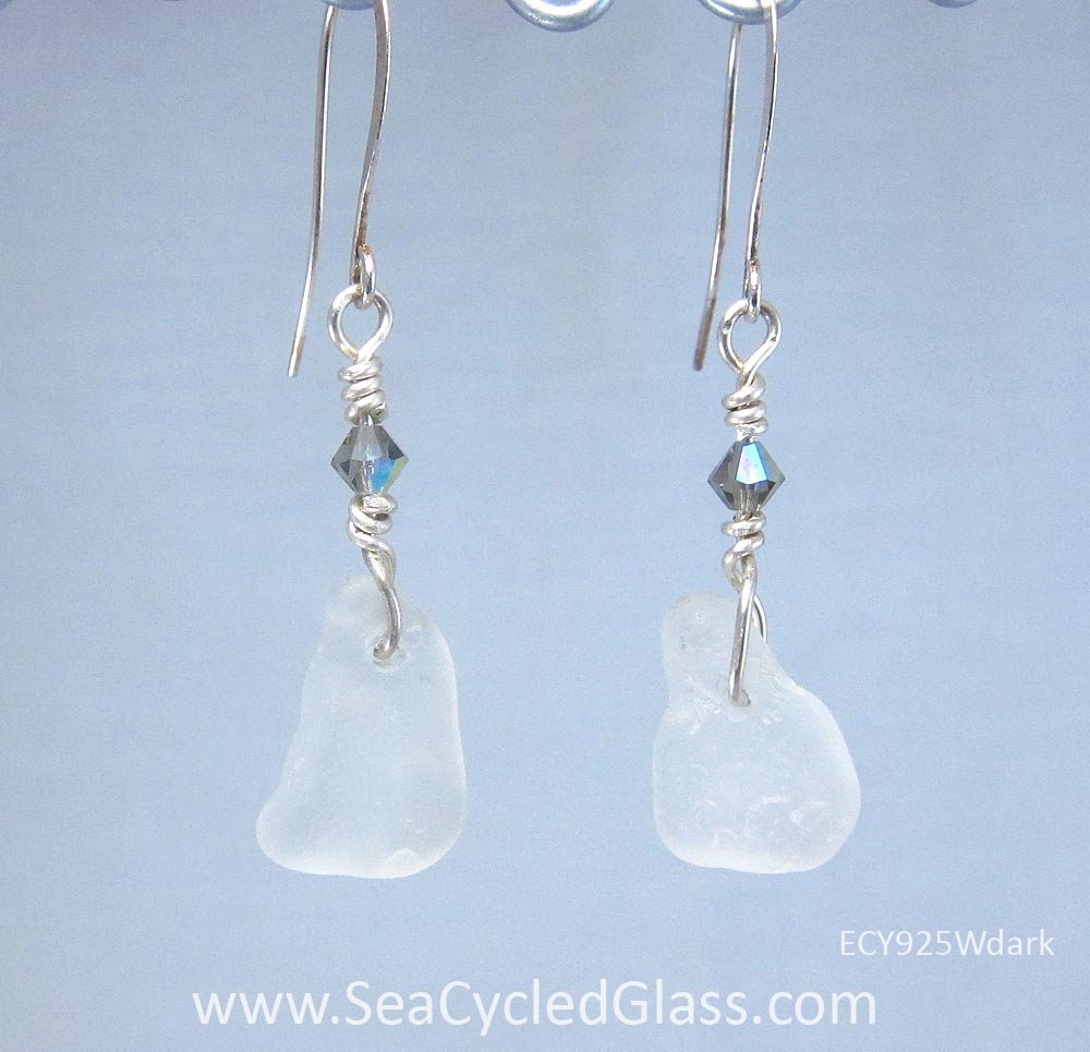 Crystaline Earrings - White sea glass from Cape Breton, Nova Scotia, Canada with sterling silver wire, crystal and hypo-allergenic wires