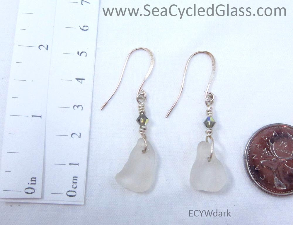 Crystaline Earrings - White sea glass from Cape Breton, Nova Scotia, Canada with sterling silver wire, crystal and hypo-allergenic wires