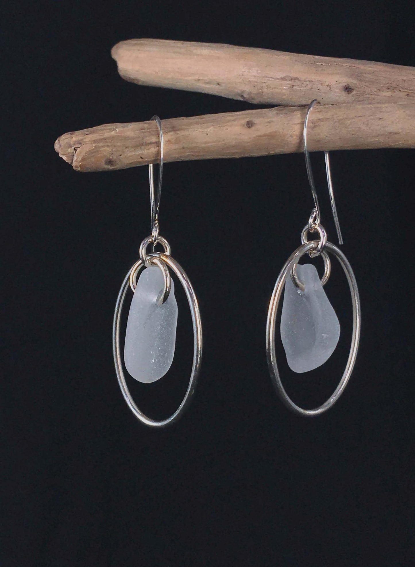 Heaven on Earth Earrings - White sea glass from Cape Breton, Nova Scotia with Sterling Silver Ovals on a nickle-free hook