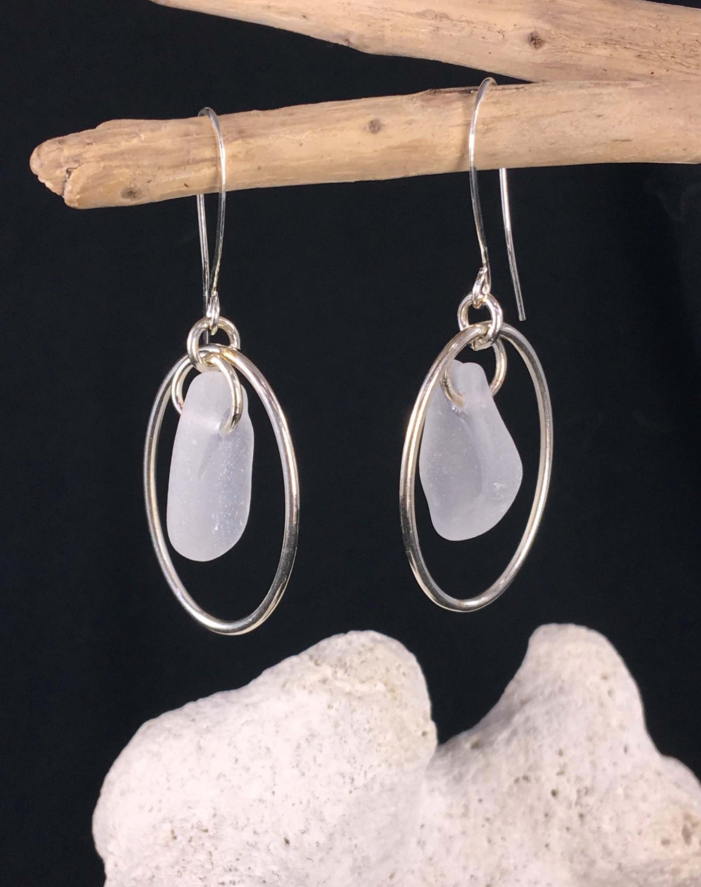 Heaven on Earth Earrings - White sea glass from Cape Breton, Nova Scotia with Sterling Silver Ovals on a nickle-free hook