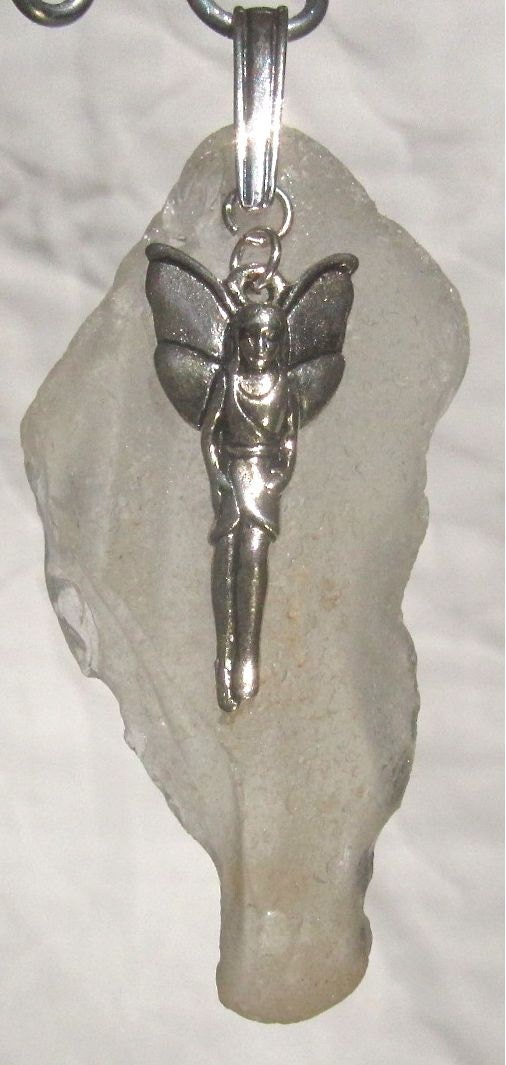 White Nova Scotia sea glass pendant with faerie charm 925 sterling silver bail