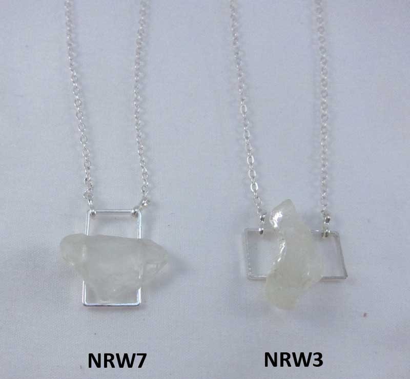 Necklace with white Nova Scotia sea glass mounted on silverplate rectangle with silverplate chain