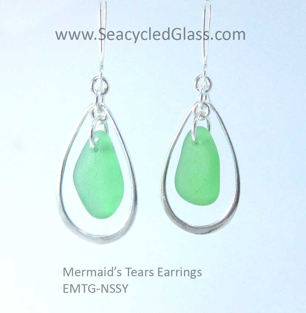 Mermaid's Tears Earrings - Green sea glass from Sydney, Nova Scotia, Canada hanging from 925 Sterling silver teardrop