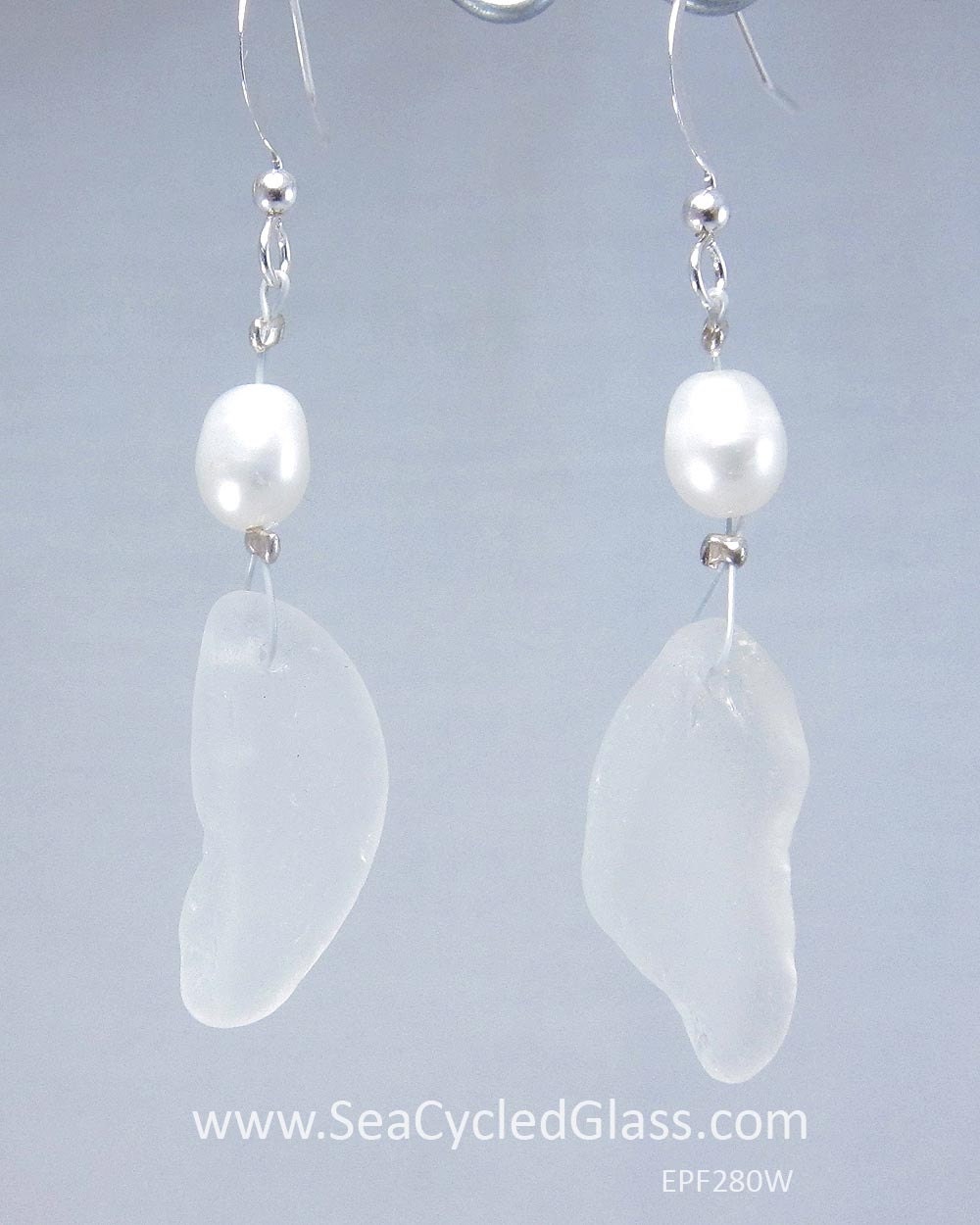 Pearl Earrings - White sea glass from Cape Breton, Nova Scotia, Canada with oval white freshwater pearl on hypo-allergenic earring wire