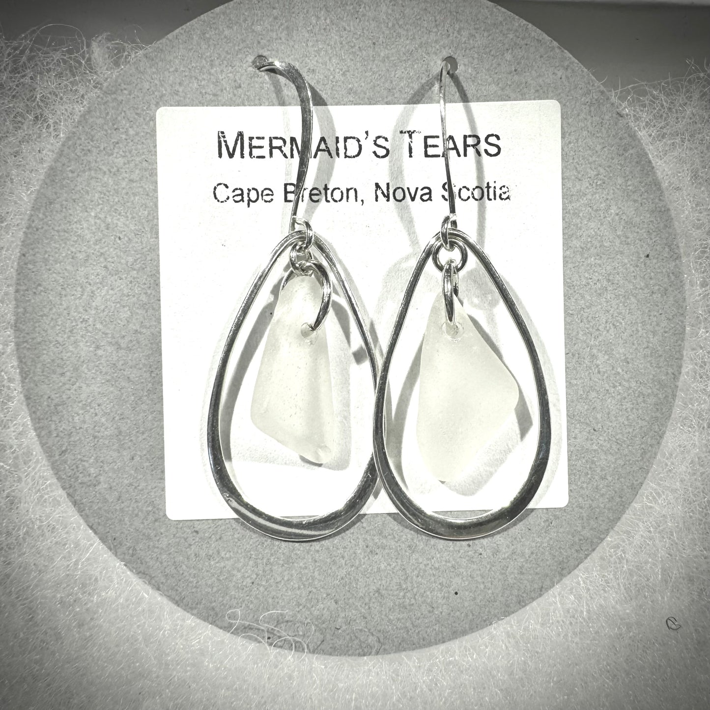 Mermaid's Tears Earrings - Triangular White Sea Glass from Cape Breton, Nova Scotia, Canada with large solid sterling silver teardrop ovals