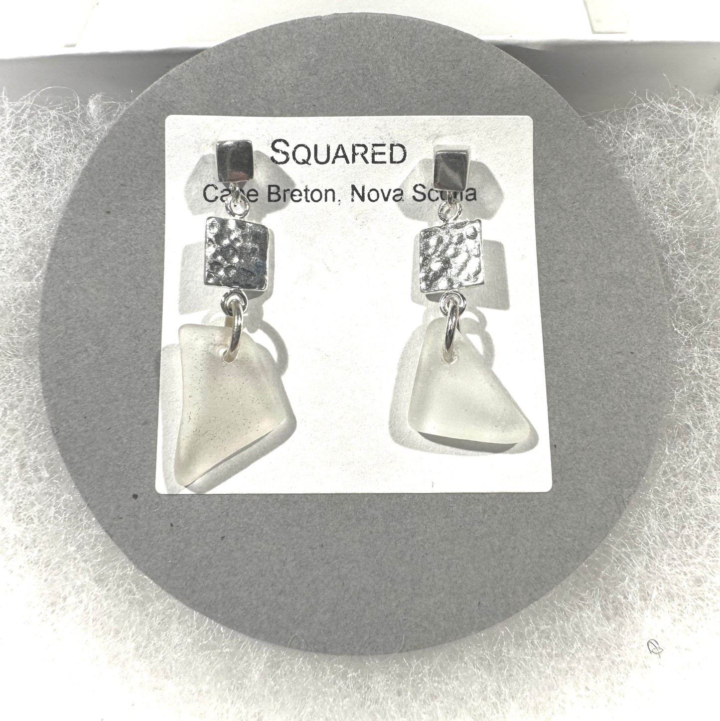 Squared Earrings - Triangular White Sea Glass from Cape Breton, Nova Scotia, Canada with Sterling silver hammered squares on a cubic poststerling silver teardrop ovals (Copy)