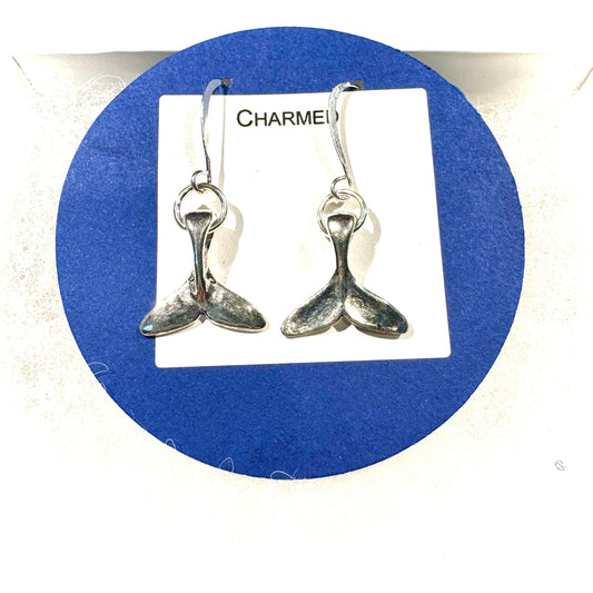Charmed! Whale Tales silver colored nickel free drop earrings non-tarnish finish on hypoallergenic silver plate hooks