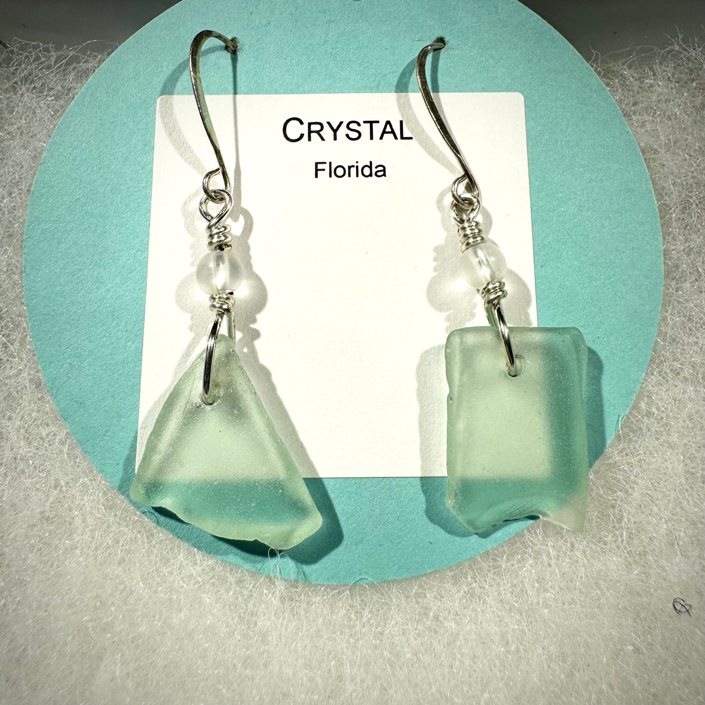 Crystal Earrings - Aqua sea glass from Florida with matt finish crystal bead on a hypoallergenic nickle-free hook