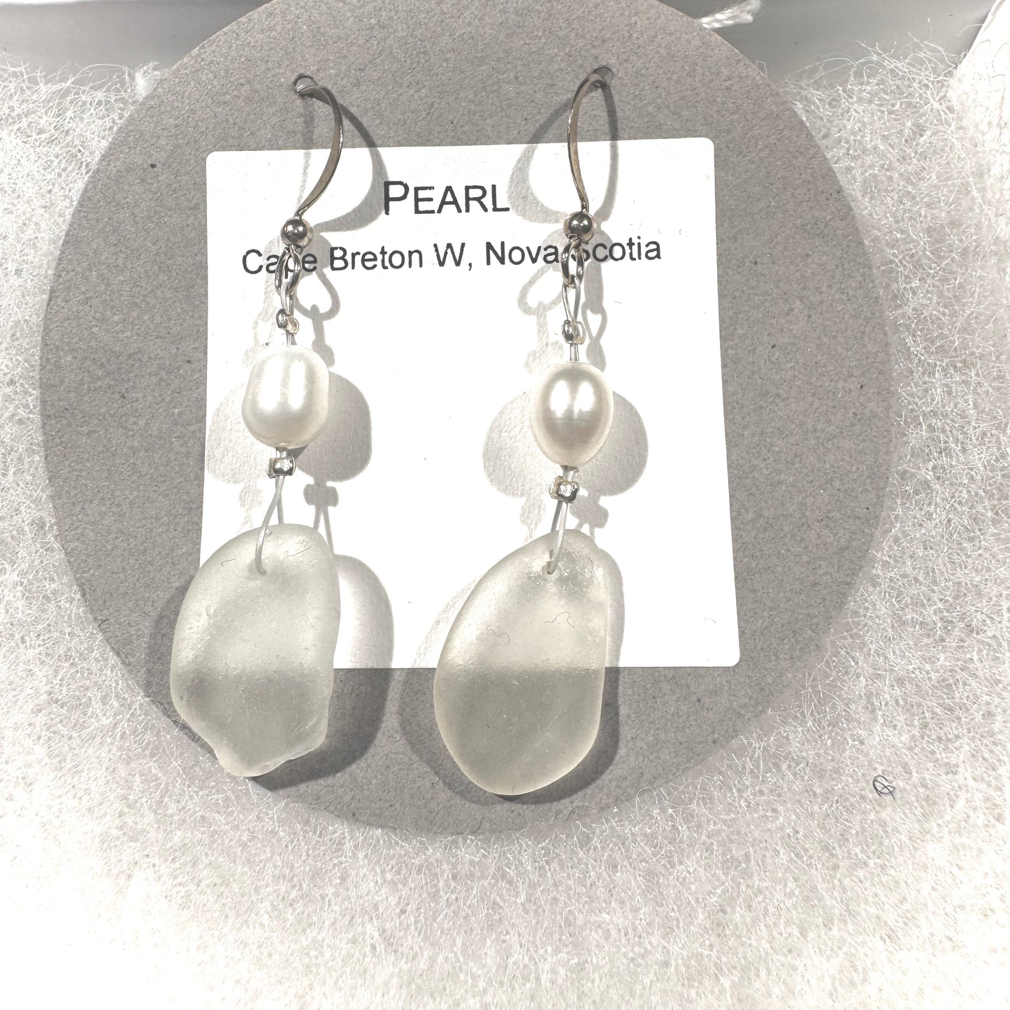 Pearl Earrings - White triangular oval sea glass from Cape Breton, Nova Scotia, Canada with oval white freshwater pearl on hypo-allergenic earring wire