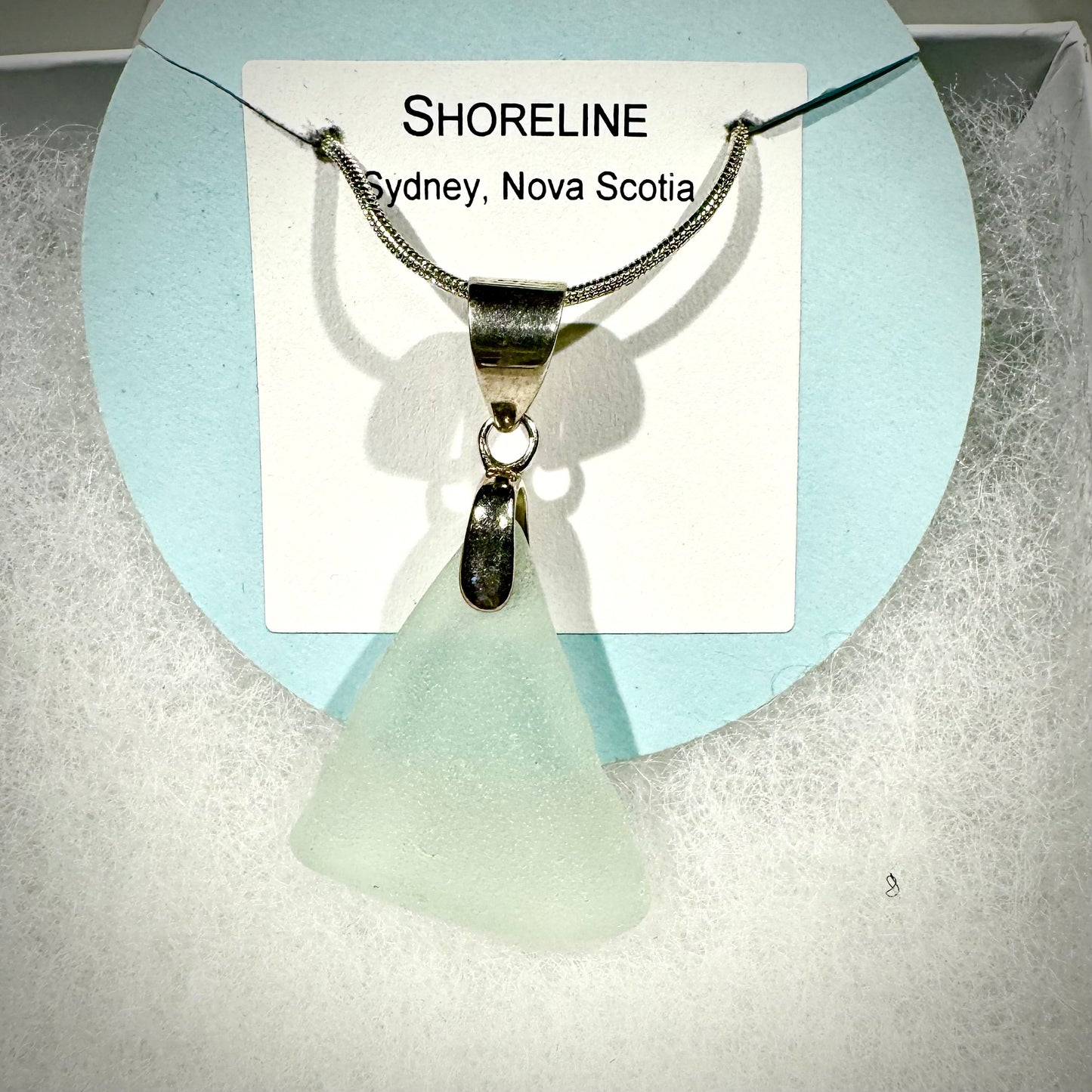 Shoreline Pendant - Large Triangular Aqua frosted sea glass from Cape Breton, Nova Scotia, Canada with triangular Sterling silver bail with chain