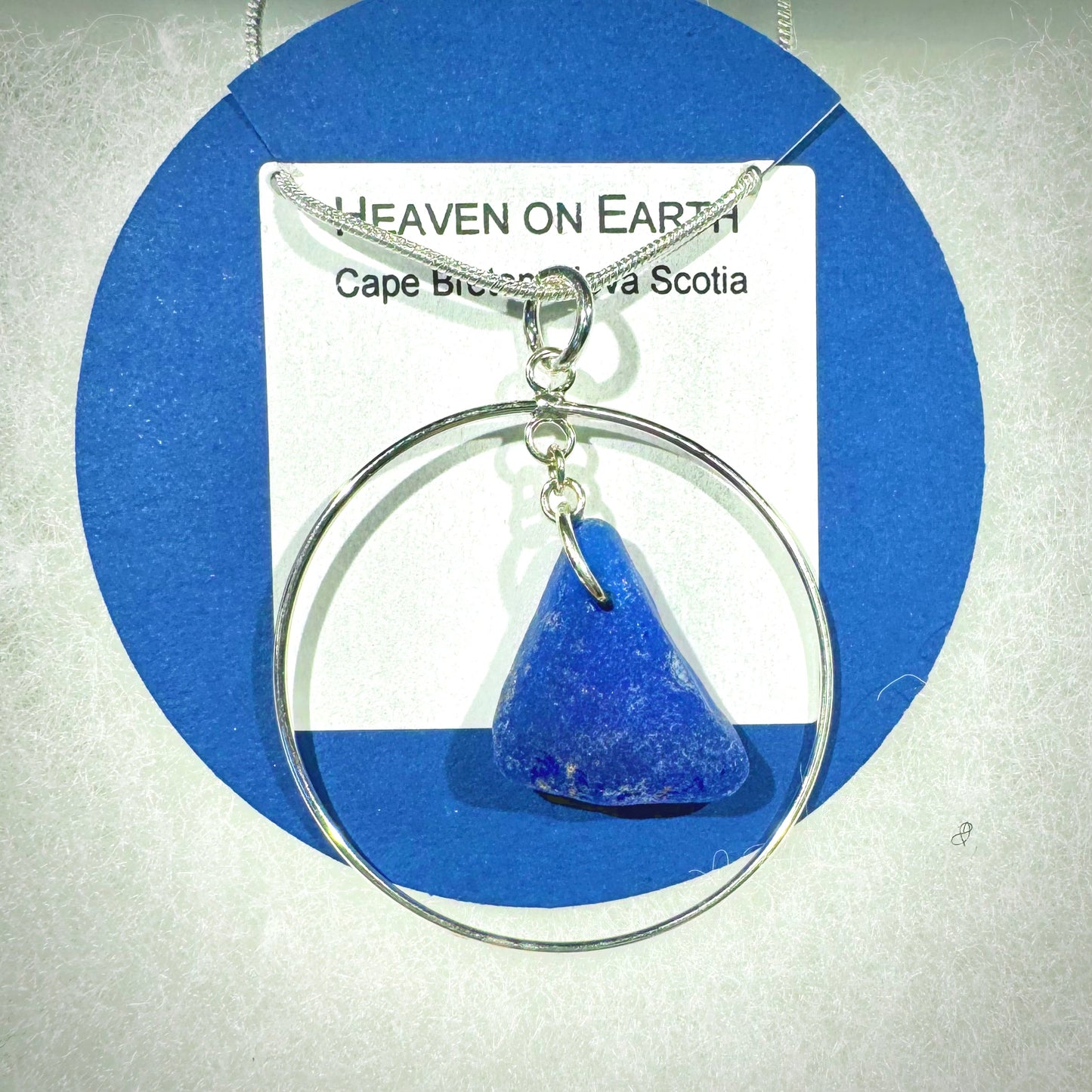 Heaven on Earth Pendant - Cobalt blue sea glass from Cape Breton, Nova Scotia, Canada with wide modern 925 Sterling silver Hoop and chain