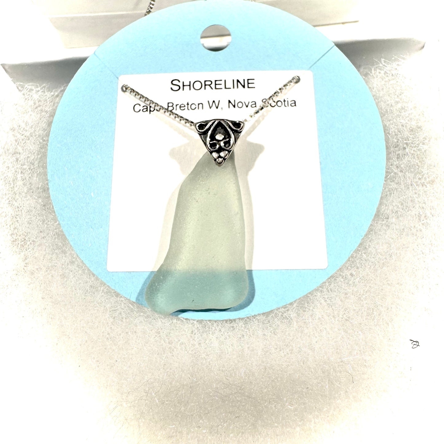 Shoreline Pendant - Pale aqua sea glass from Cape Breton, Nova Scotia, Canada with triangular Sterling silver bail with filigree motif in antique finish, on a boxchain