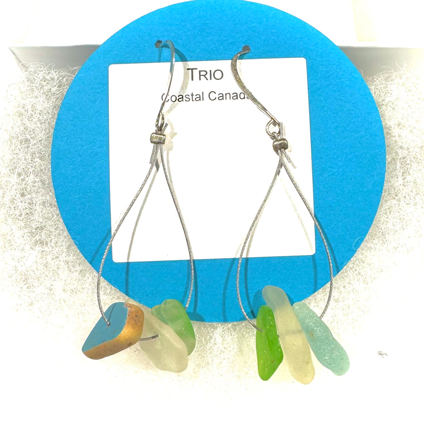 Trio Earrings - Sea glass and pottery shards in green, aqua, white, and blue from coastal Canadaoallergenic nickle-free hook