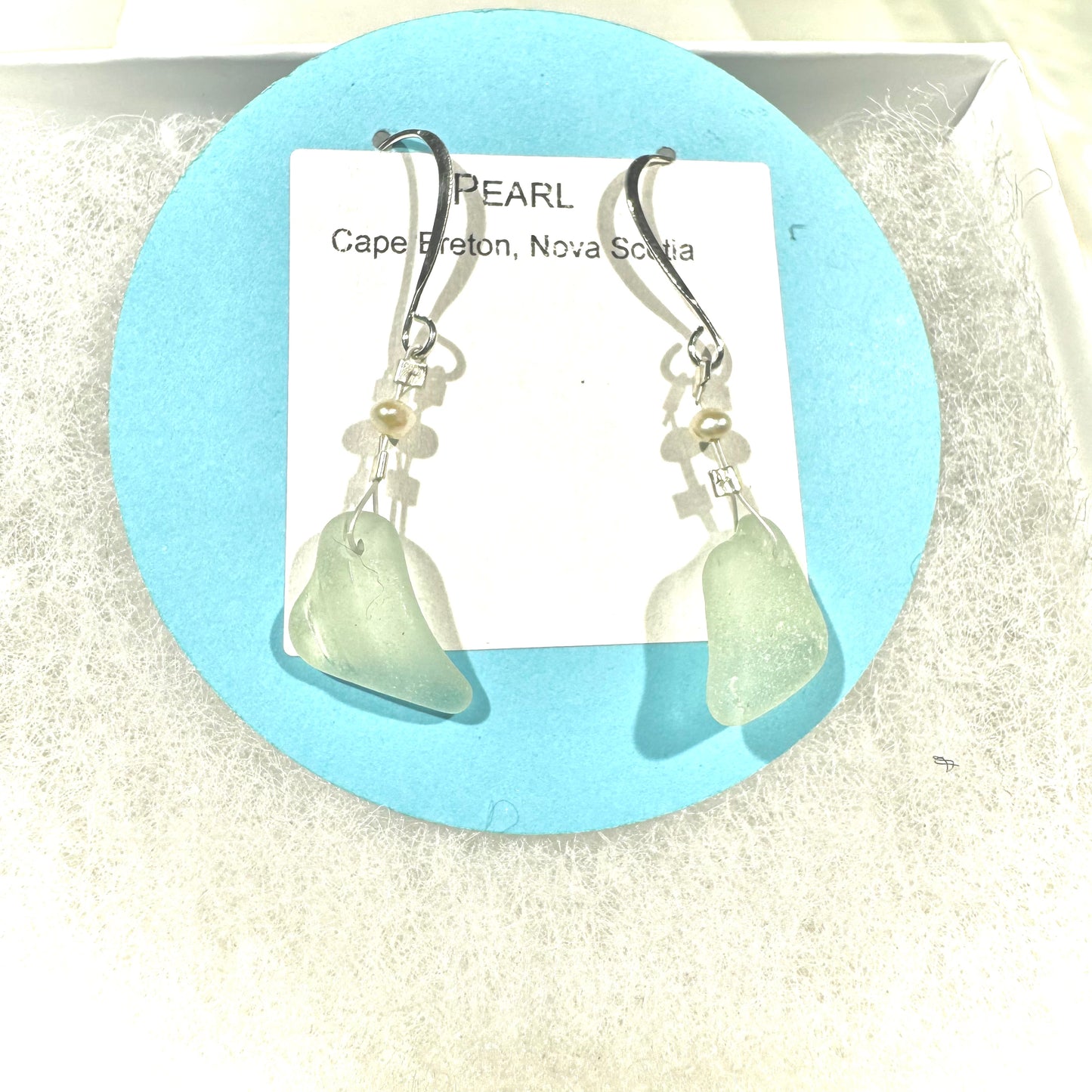 Pearl Earrings - Aqua sea glass from Cape Breton, Nova Scotia, Canada with freshwater seed pearl on hypo-allergenic earring wire